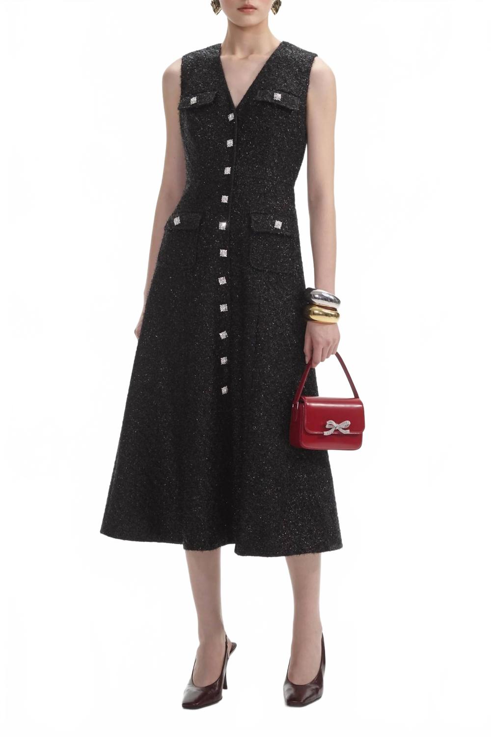 

Черное миди-платье с пуговицами и буклированной отделкой Self-Portrait