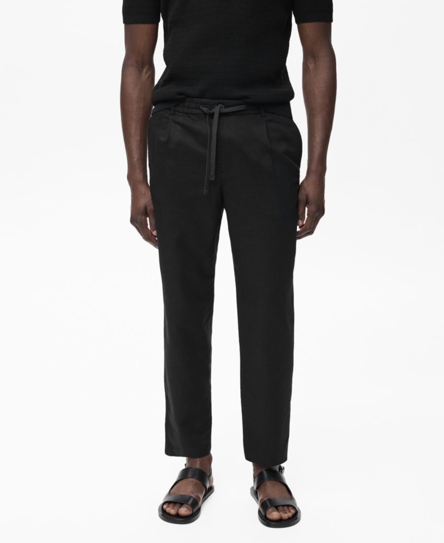 

Мужские льняные брюки приталенного кроя на шнуровке MANGO, Black