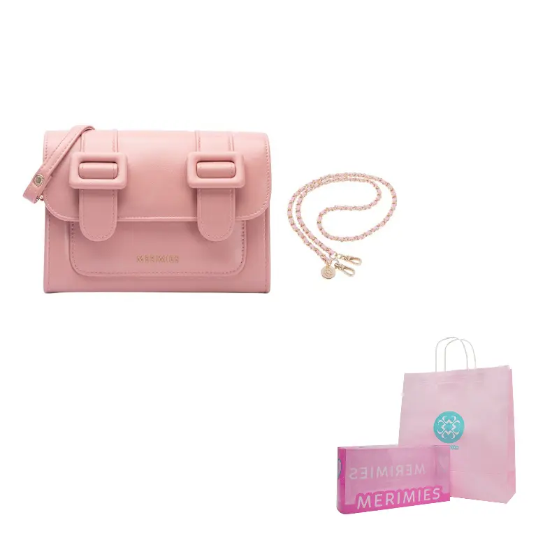 

MERIMIES Сумка из искусственной кожи с логотипом в нежных оттенках, S Size-Baby Pink | Baby Pink[Metal Shoulder Strap]