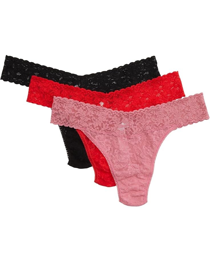 

Стринги Hanky Panky Signature Lace Original Rise Thong 3 Pack, цвет Pink Quartz/Cherrywood/Black