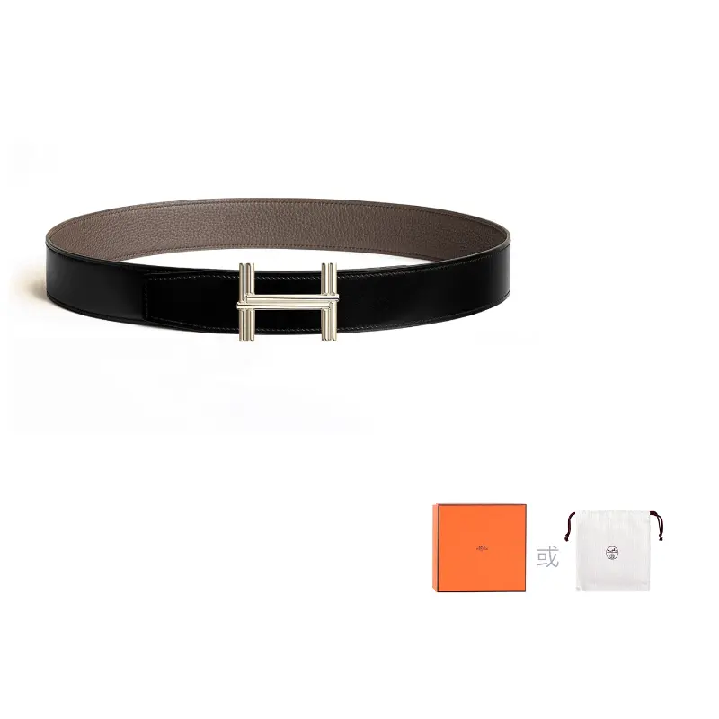 

HERMES Кожаный мужской ремень черный серый олово, Black/Tin Gray