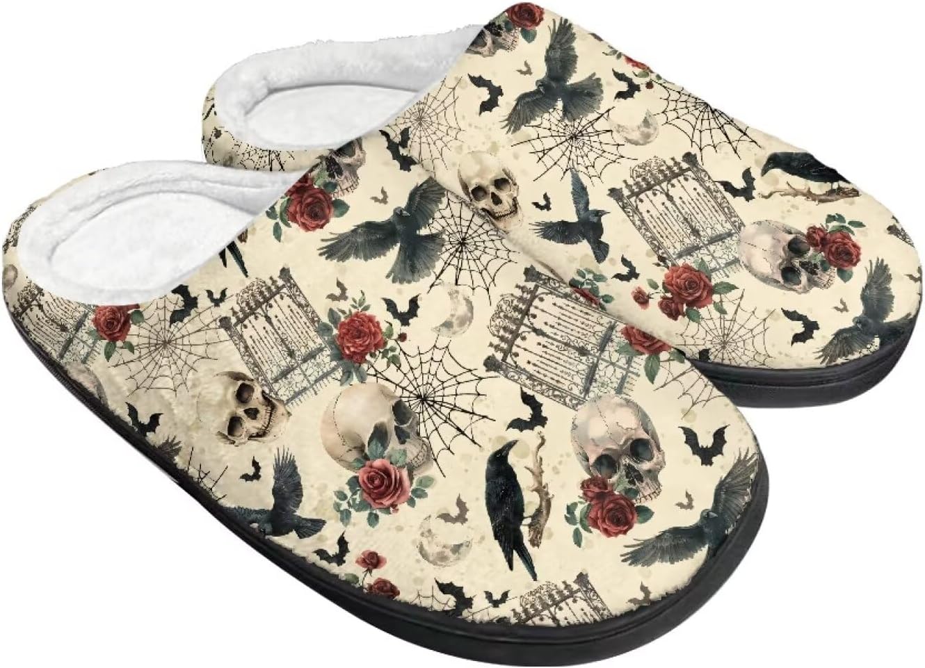 

Теплые тапочки для пары и семьи на осень и зиму для дома с нескользящей мягкой подошвой, обувь для женщин и мужчин, Хэллоуин Giftpuzz, Skull Rose Crow