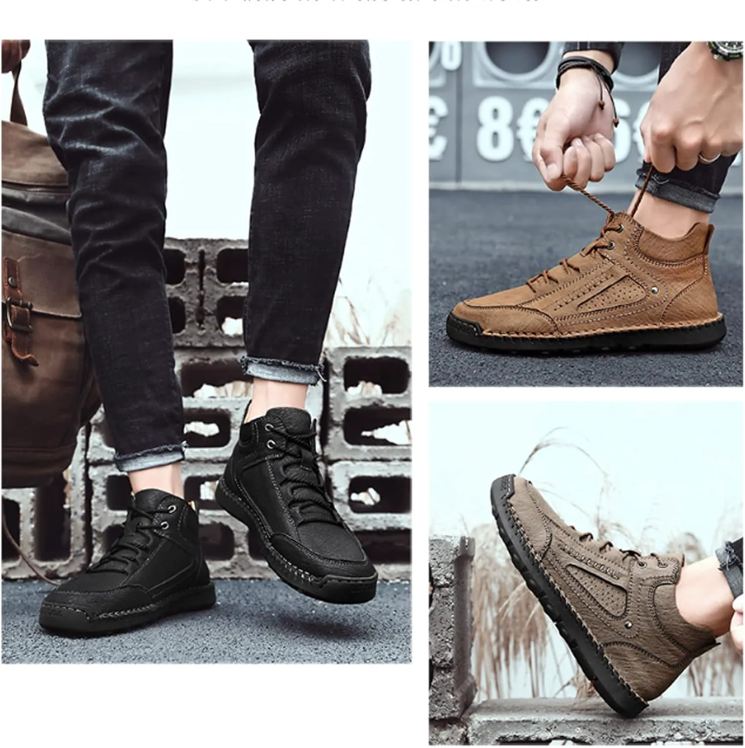 

Мужские кожаные ботинки PURCHAWEE с высоким берцем для походов, ботинки чукка, ручная прошивка, противоскользящие, с хорошей поддержкой свода стопы, повседневная обувь для работы и походов, хаки