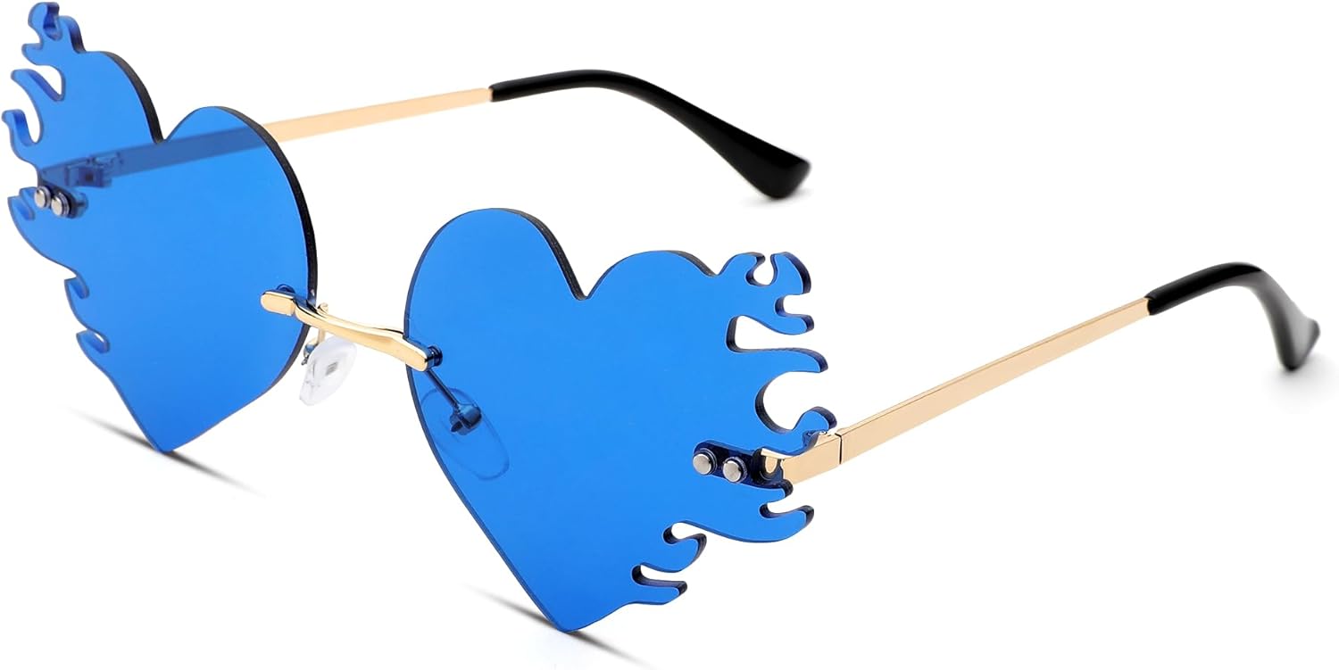 

Солнцезащитные очки LIU·WEN в форме огненного сердца для женщин и мужчин, винтажные, без оправы, с рисунком пламени и любви, для рейв-вечеринок и Хэллоуина (синие), A3 Blue