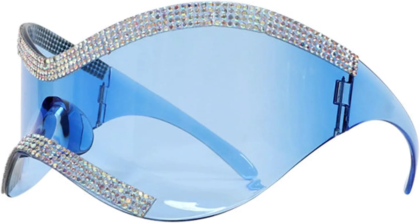 

Willochra Модные солнцезащитные очки-маска с бриллиантовой оправой и блестящими стразами, женские, большие, футуристические солнцезащитные очки-щит, Blue