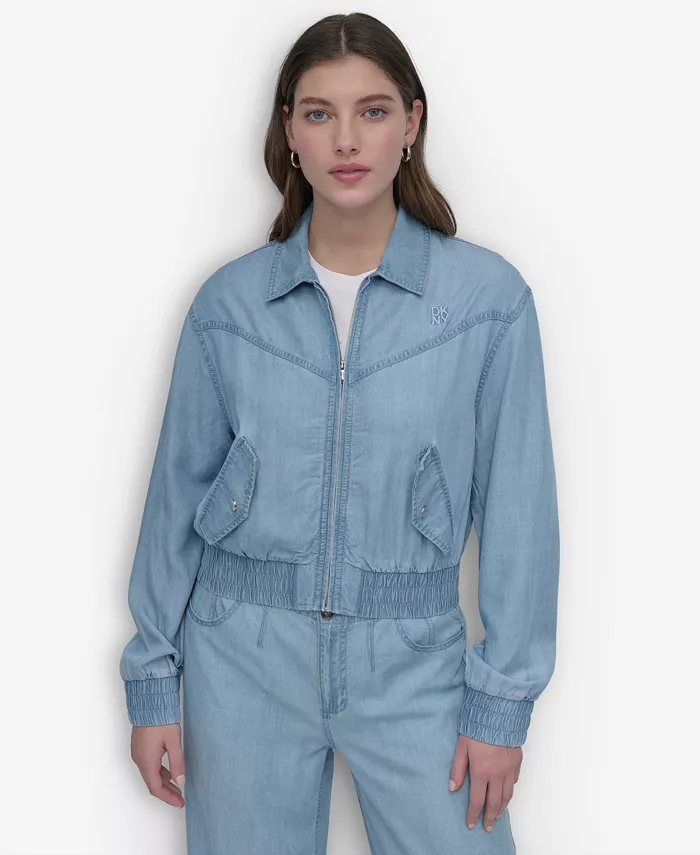

Женская бомбер-куртка на молнии из шамбре DKNY, синий