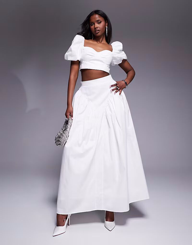 

Юбка макси из хлопкового сатина ASOS LUXE белого цвета с бантом сзади