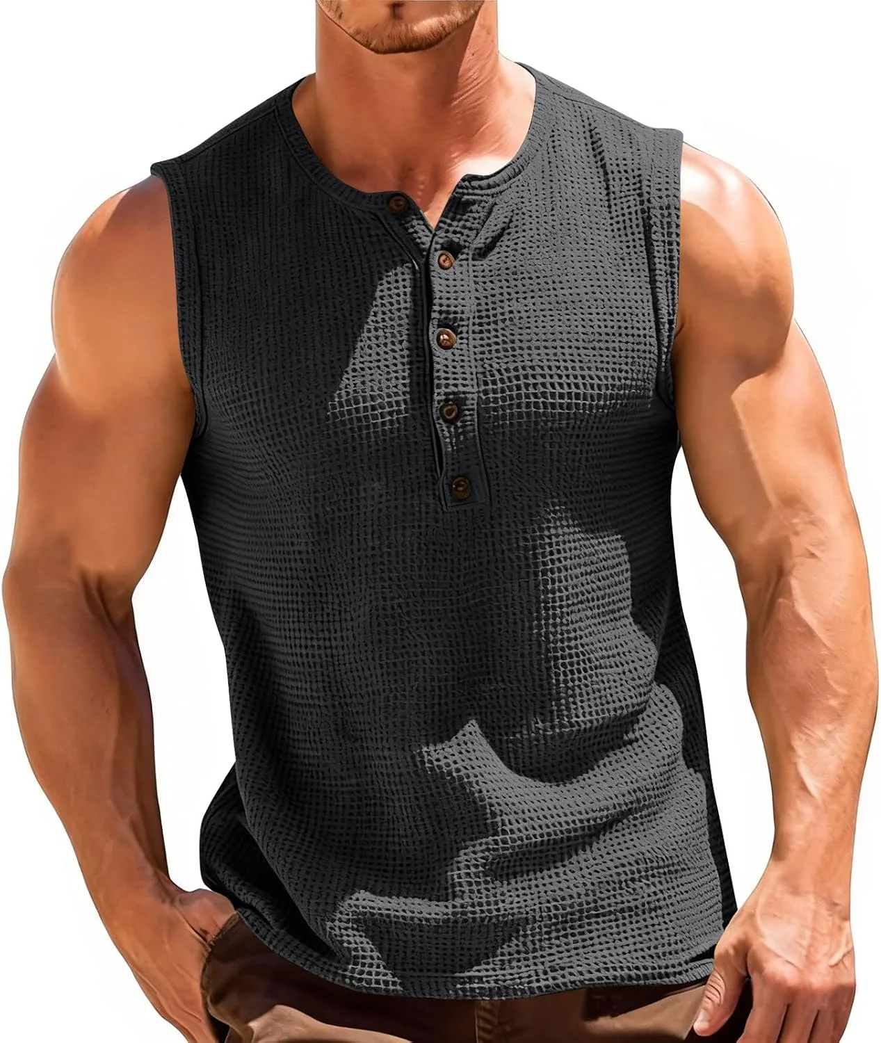 

Мужская майка-танк для лета и пляжа, без рукавов, с воротником хенли, однотонная