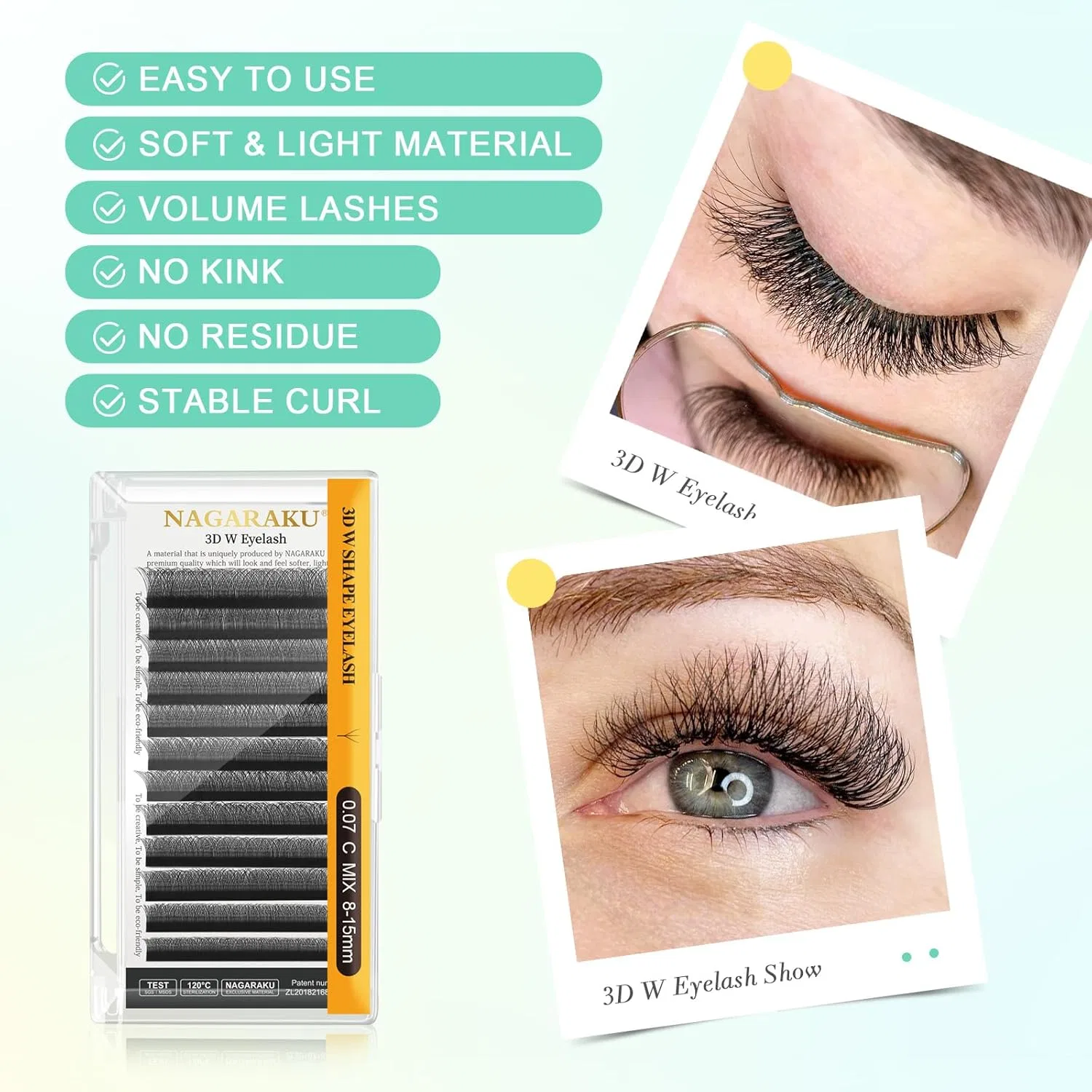 Набор накладных ресниц «3D W Eyelashes» от NAGARAKU Nagaraku, 0.07 C (Total 5 Trays) 8-12 Mm Mix — фото 2