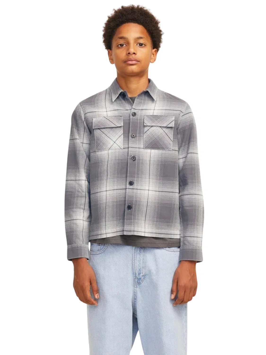 Удобная рубашка на пуговицах в клетку 'Чарли'. Jack & Jones Junior, Grey/Light Grey — фото 2