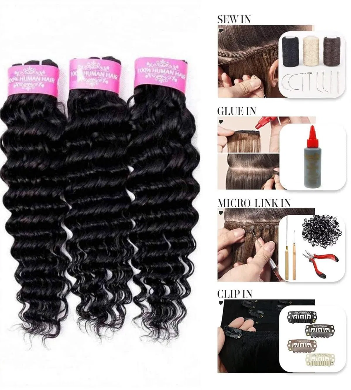 Натуральные волосы для наращивания Deep Curly 25 см от Human Hair Bundles Unipearl, Natural Color Dc — фото 3