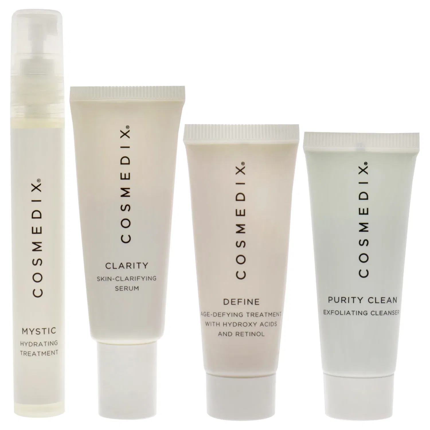 Набор для ухода за комбинированной кожей от Cosmedix (унисекс) - 4 шт.: Purity Clean (0,5 унции), Define (0,5 унции), Clarity (0,5 унции), Mystic (0,5 унции), белый — фото 2