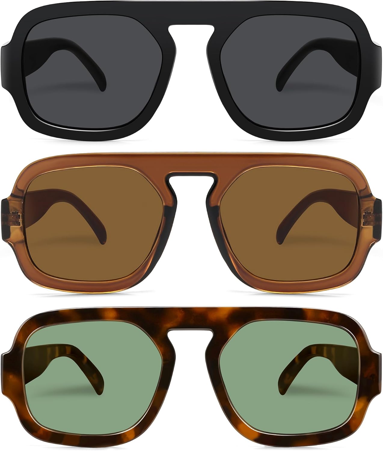 

Ретро-солнцезащитные очки-авиаторы квадратной формы для женщин и мужчин в винтажном стиле 70-х годов. Модные солнцезащитные очки с плоской верхней частью и защитой от УФ-излучения YMRFW, 3pack (Black/Gray+brown/Tea+tortoise/G15)