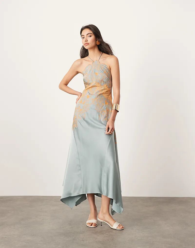 

Платье миди с аппликацией из атласного кружева, вышитым халтером, с платком по краю синего цвета ASOS EDITION