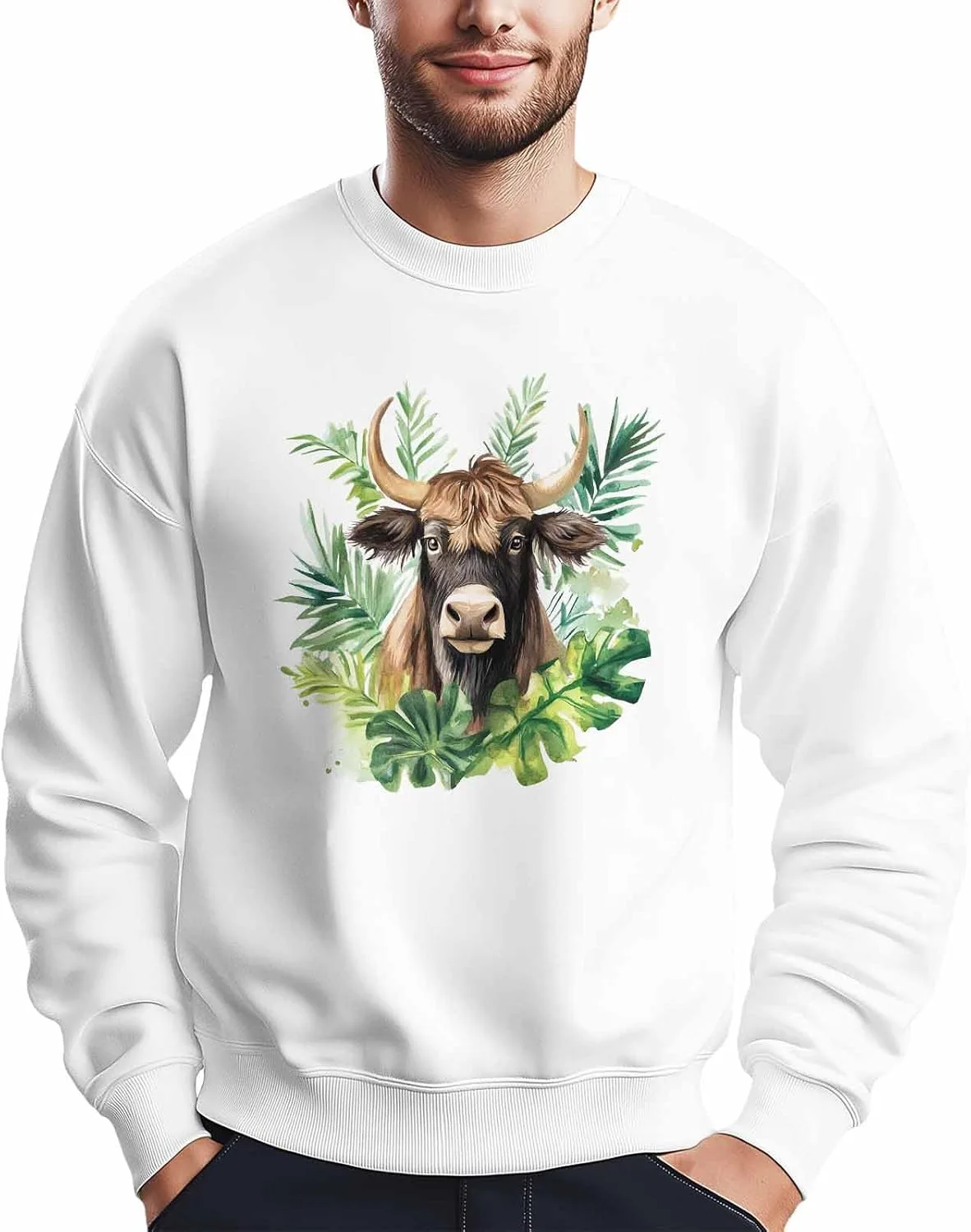 

Мужской свитшот с принтом животного и зеленого листа, Crewneck, Long Sleeve Winvebermior