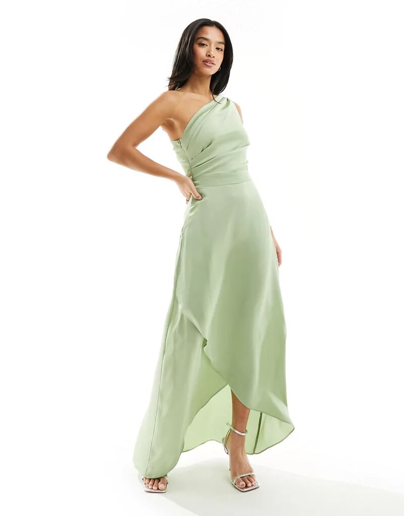 

TFNC Bridesmaid Dress — атласное платье макси на одно плечо и юбка с запахом шалфейного цвета