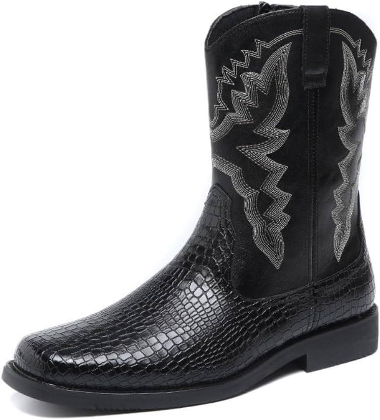 

Западные ковбойские сапоги для мужчин, кожа с узором под крокодила, черные и коричневые, средние по голени, с вышивкой, носок Roper Hawecobo