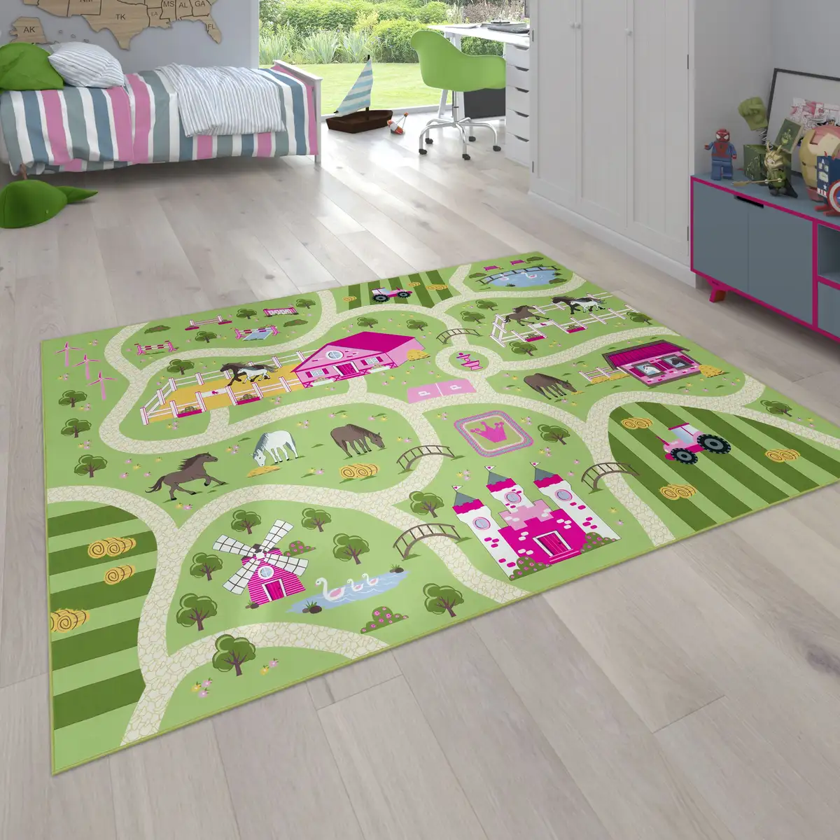 

Детский коврик Paco Home "Bino 560", прямоугольный, короткий ворс, коврик для уличных игр, фермерский мотив, детская комната 240х340 см, зеленый