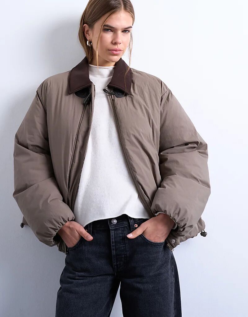 

Нейлоновое полупальто Topshop с контрастным воротником из замши цвета хаки