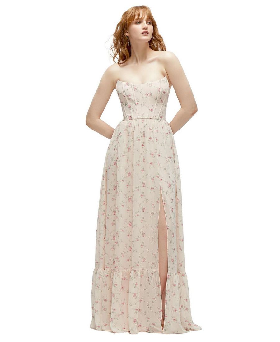 

Длинное платье-макси без бретелей с корсетом в форме кошачий глаз, с оборками по низу и юбкой А-силуэта, большого размера Dessy Collection, Coquette floral print