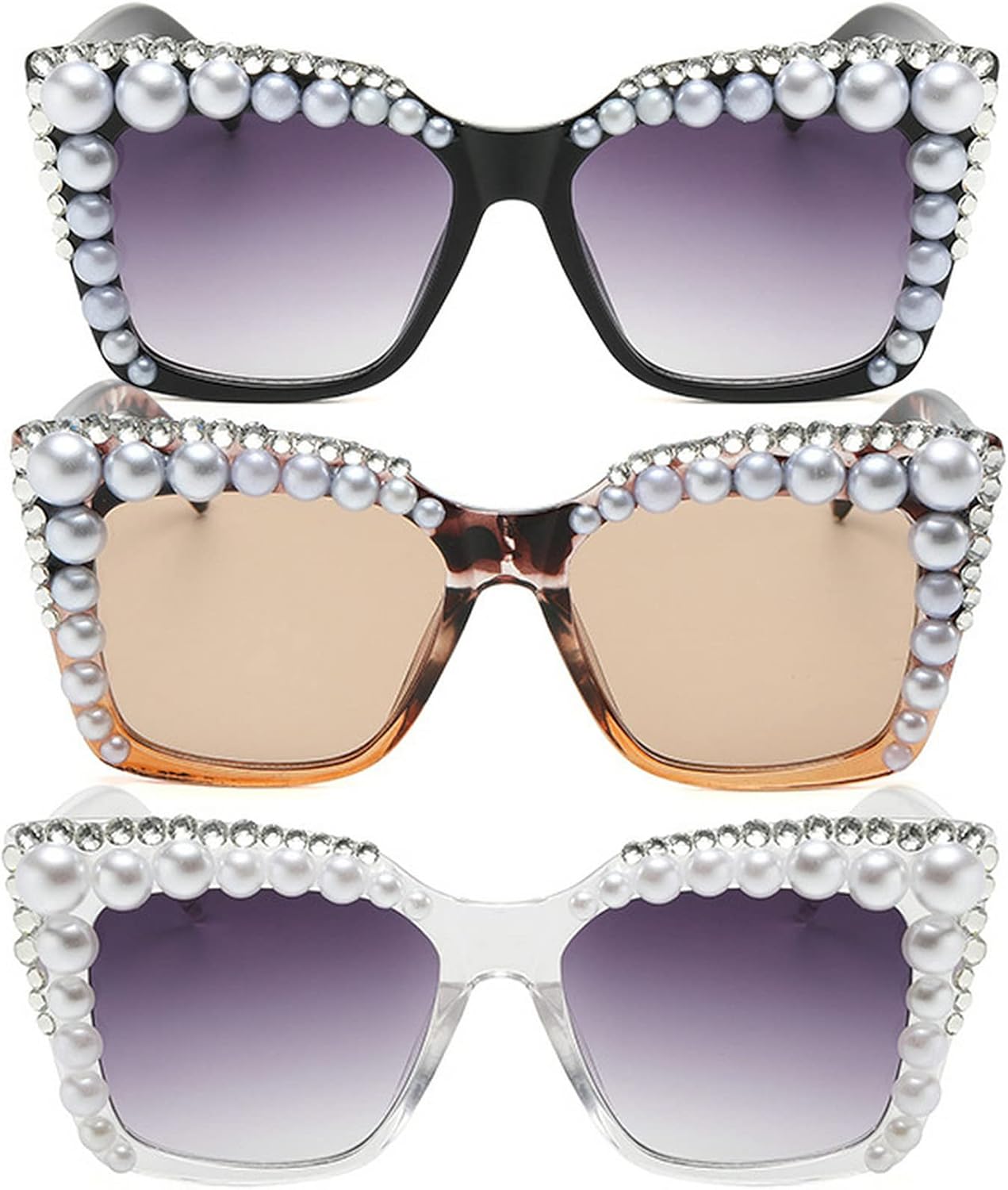 

Большие солнцезащитные очки с кристаллами и стразами для женщин в стиле ретро, ​​блестящие жемчужные очки «кошачий глаз» с защитой от УФ-излучения mincl, 3pcs-gray&brown&clear