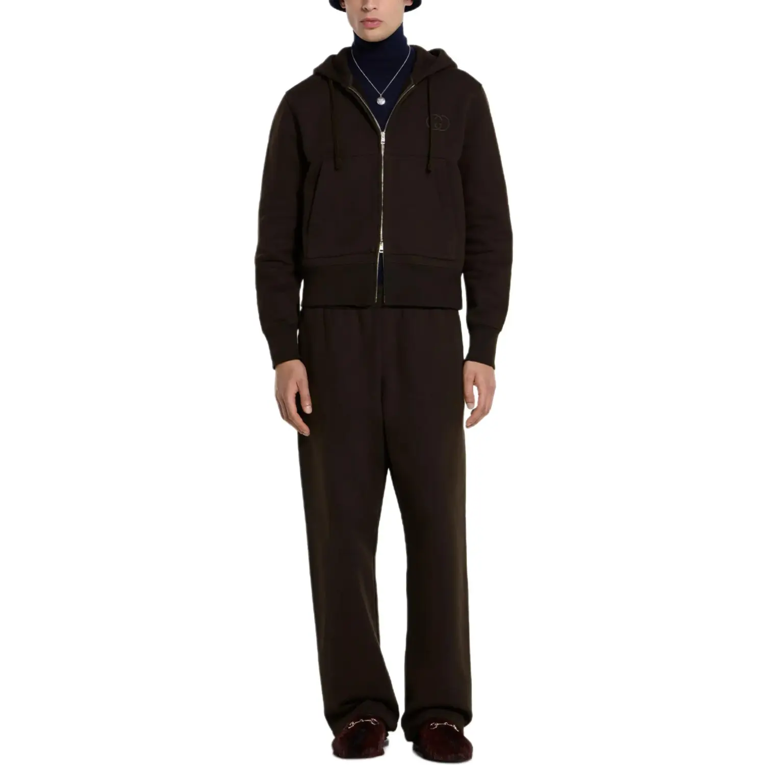 Brushed Cotton Jersey Zip Sweatshirt GUCCI, темно-коричневый — фото 3