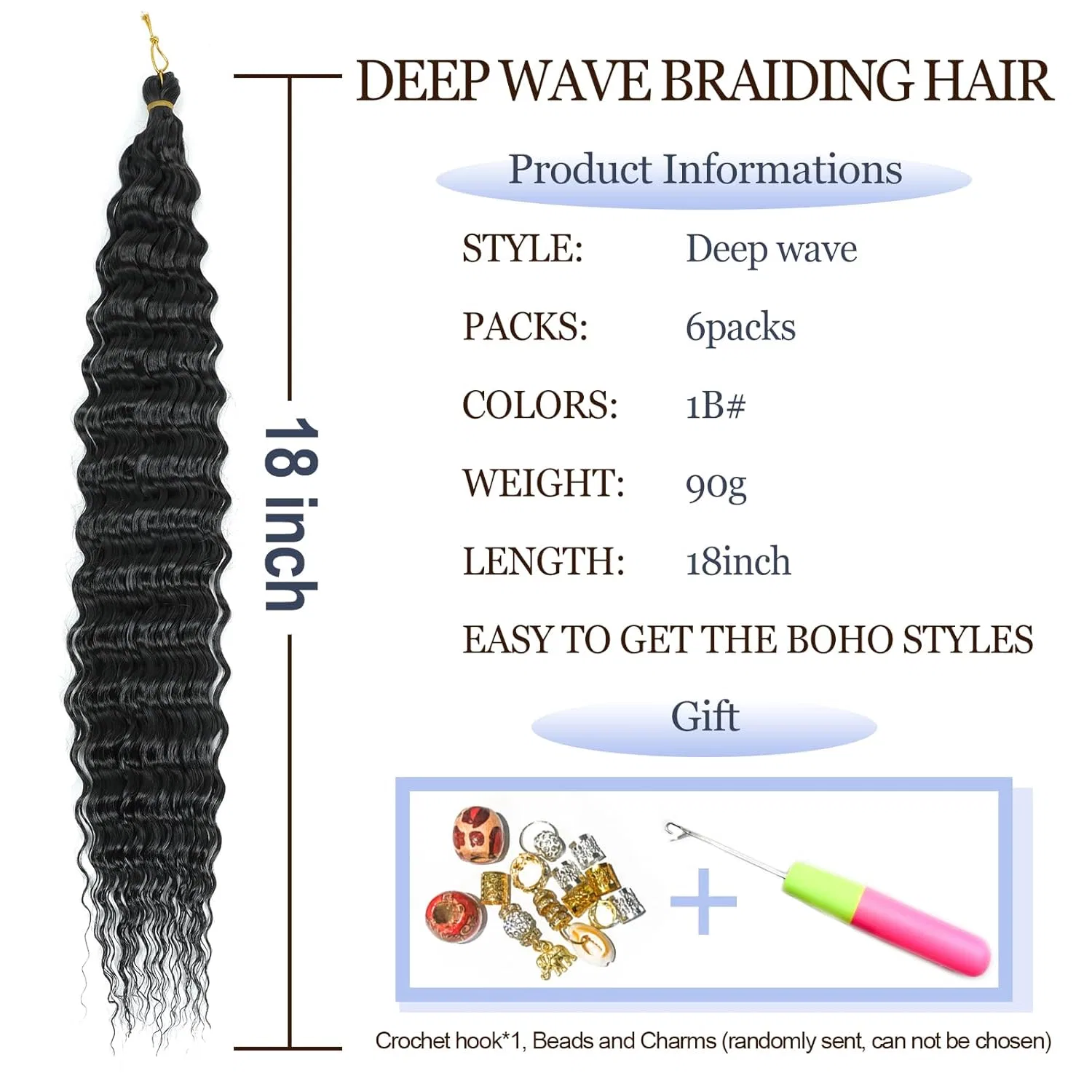 Искусственные волосы Ocean Wave Crochet Hair Extensions для плетения Mletulips, 1B — фото 2