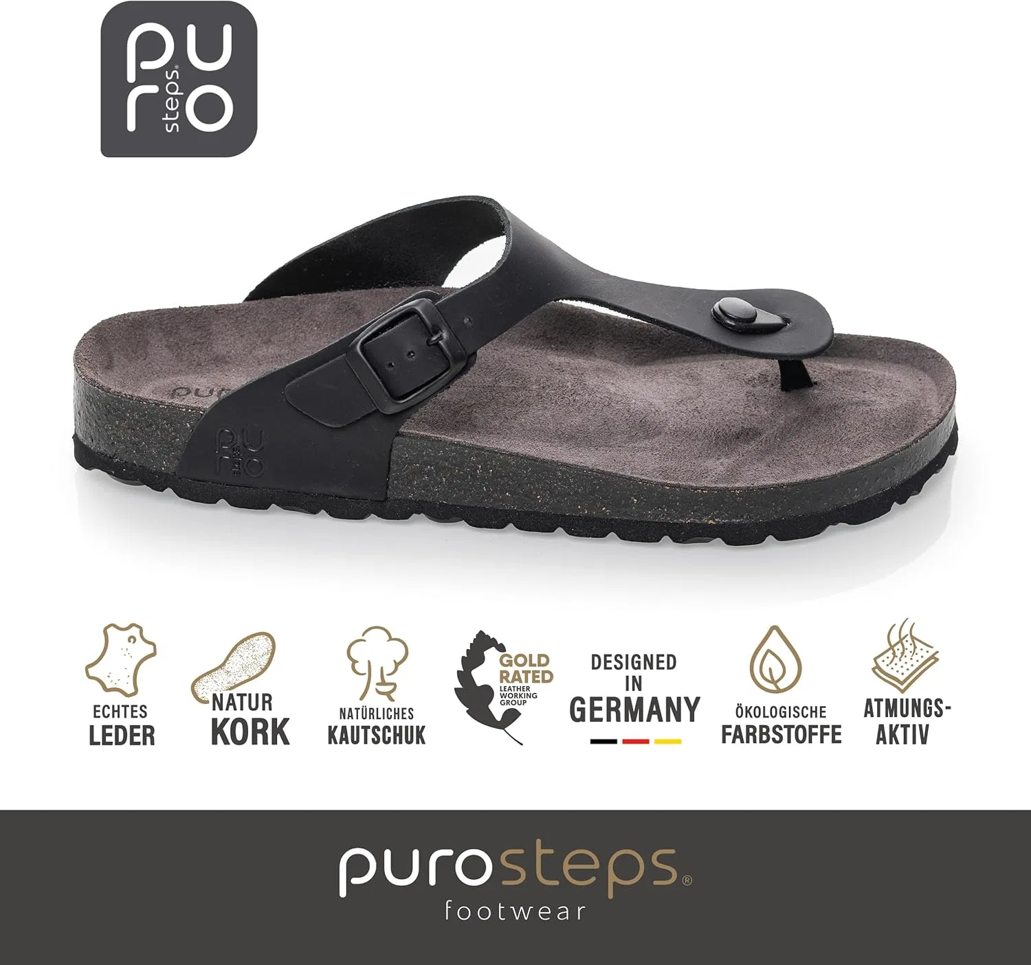 Сандалии Purosteps из натуральной пробки и коровьей кожи, произведенные в Испании purosteps footwear, Black Grey Model Toledo Eco — фото 4