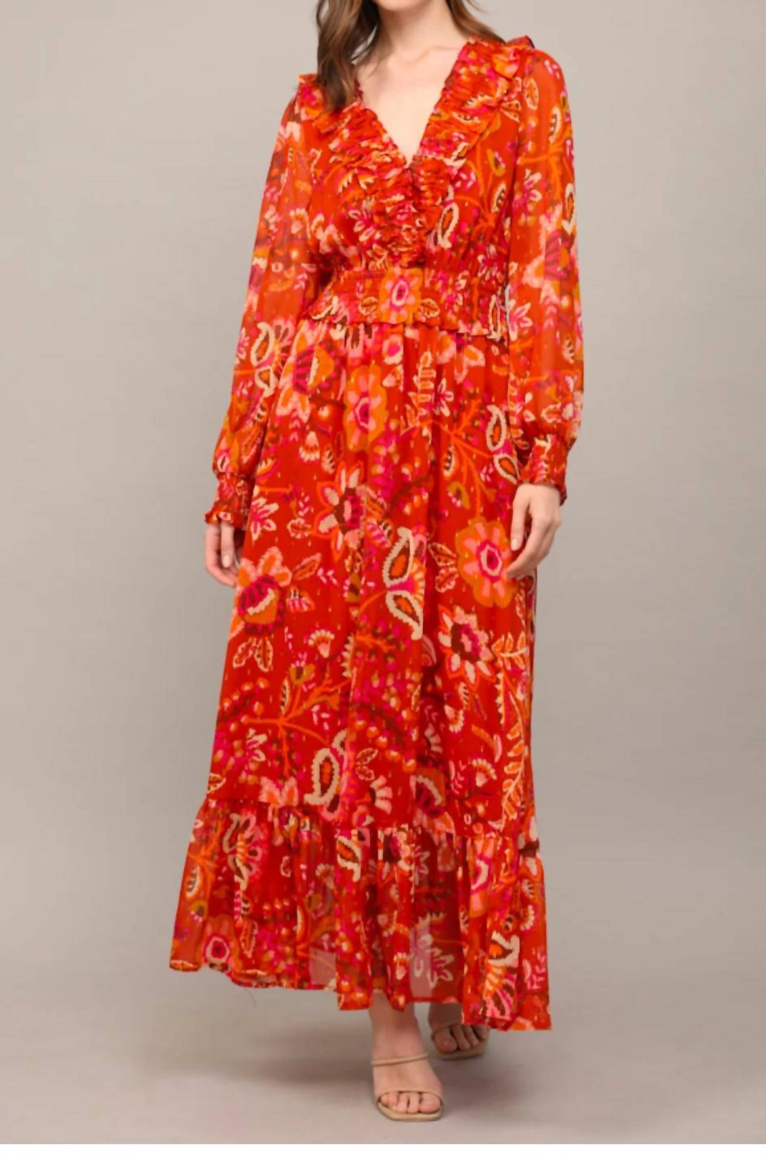 

Платье с люрексом и шифоновым рюшами цвета ржавчины Fate, Rust