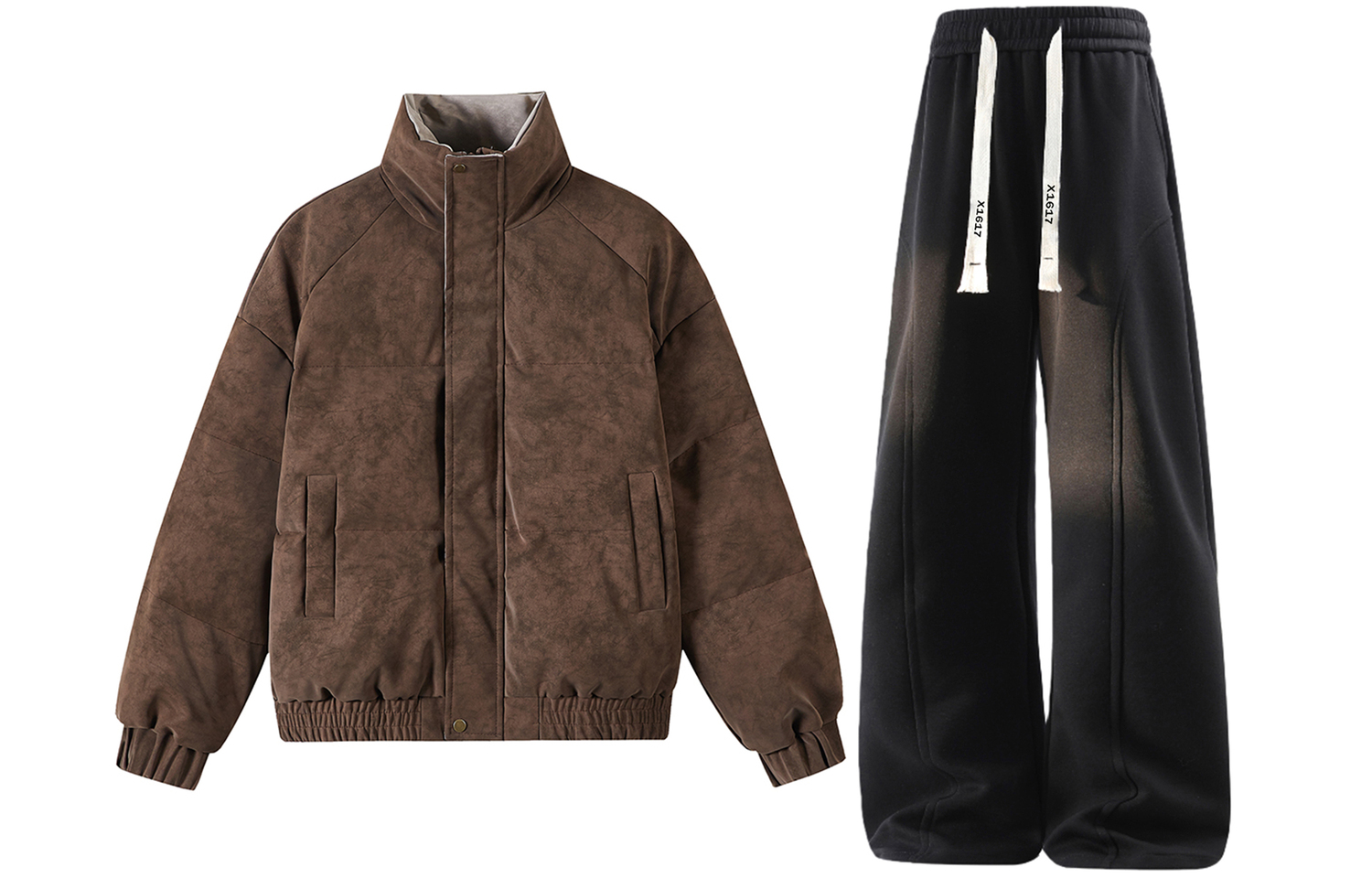 

Повседневная спортивная одежда унисекс стойка утепленная и флисовая подкладка X1617, коричневый puffer jacket+черный pants