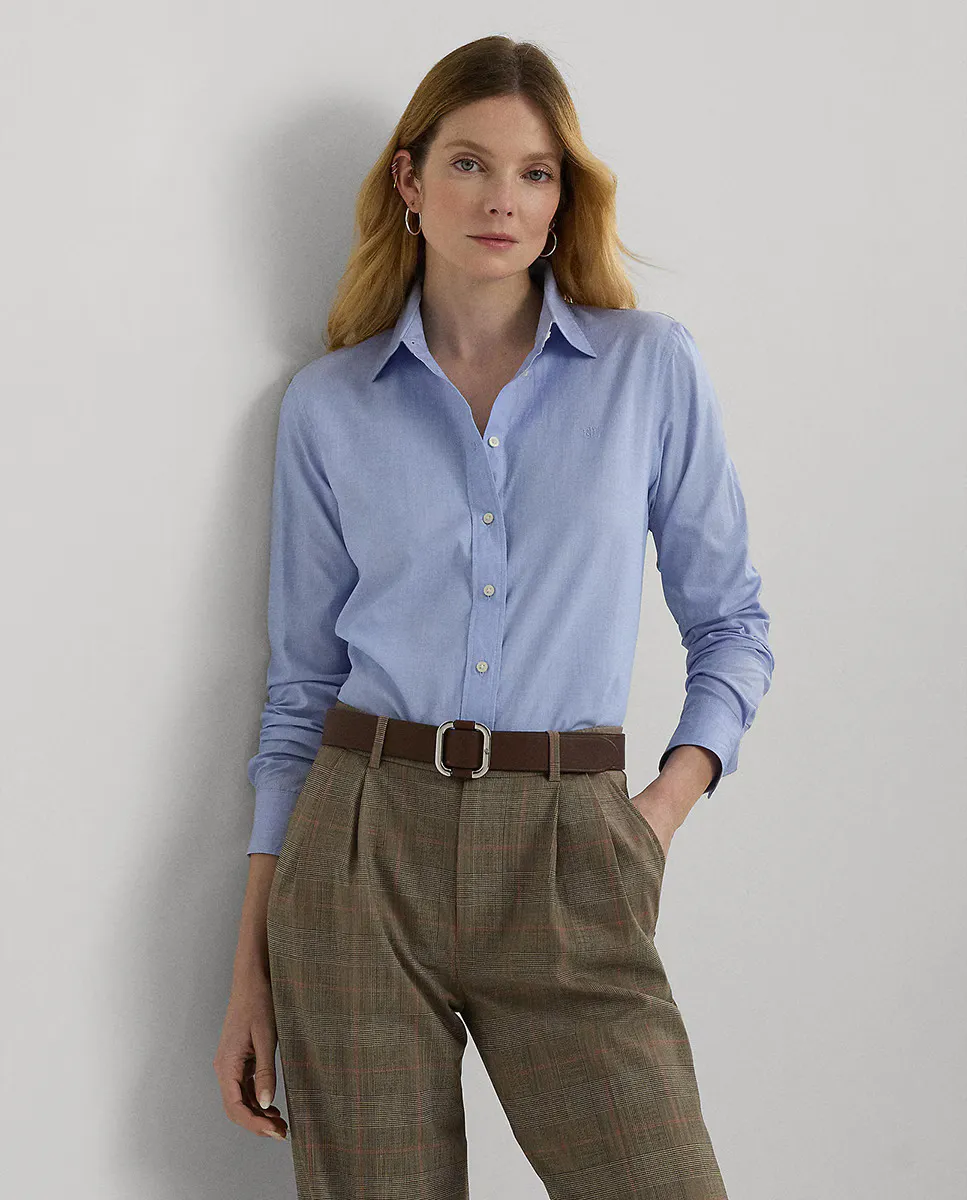 

Хлопковая женская рубашка с длинным рукавом Lauren Ralph Lauren, светло-голубой