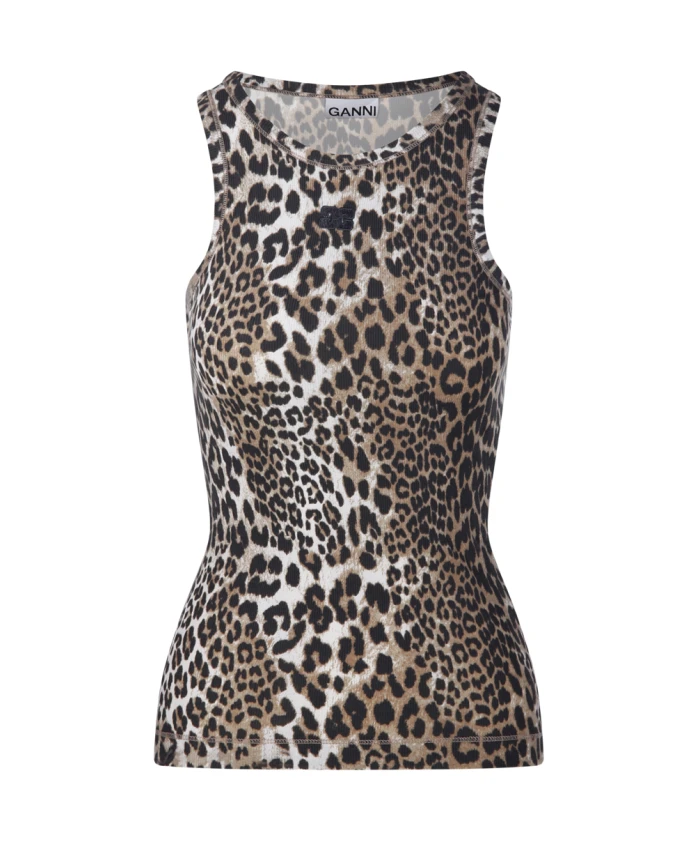 

Мягкая хлопковая ребристая майка Ganni, коричневый