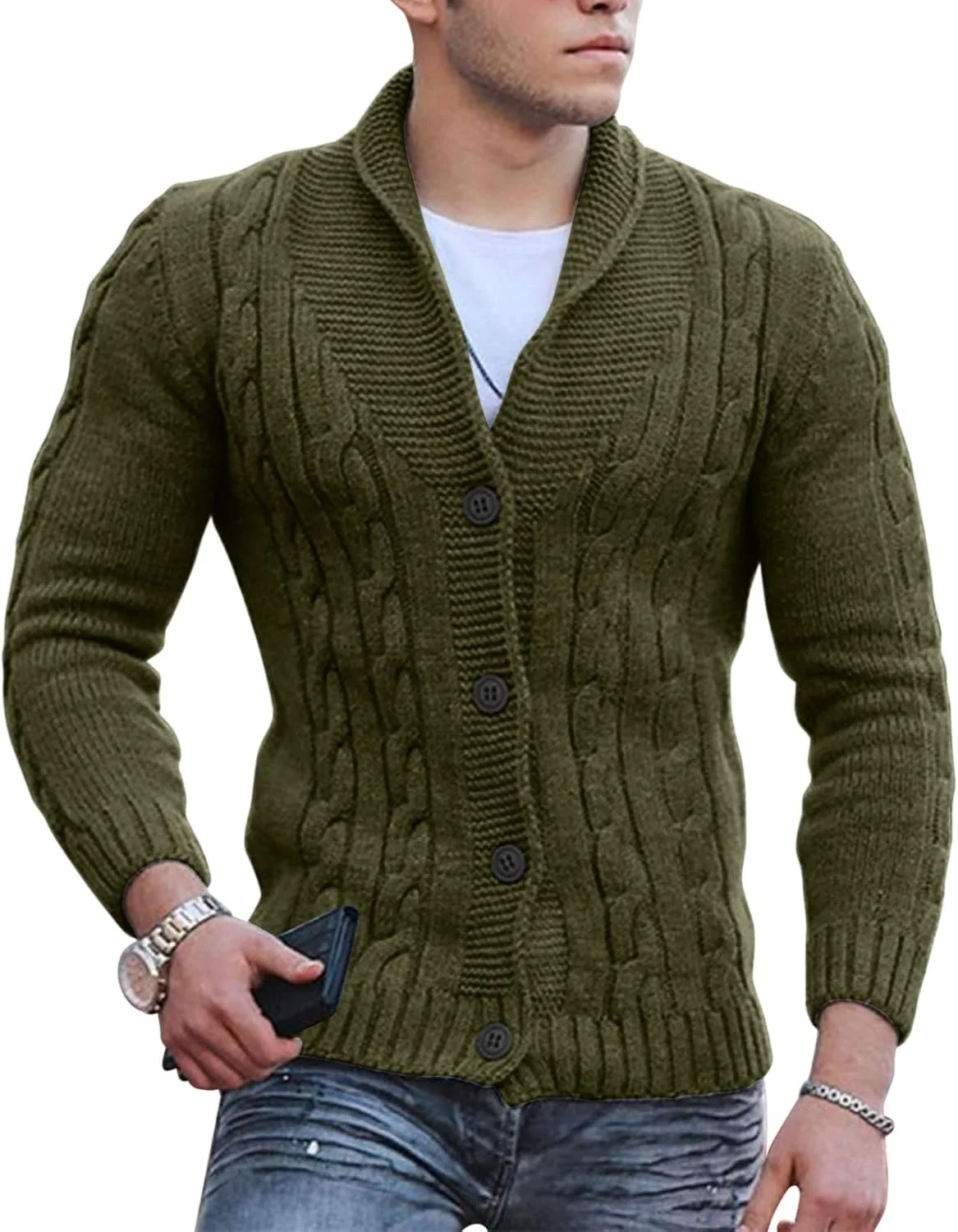 Мужской кардиган с шалькой воротником, slim fit, кабельная вязка — фото 3