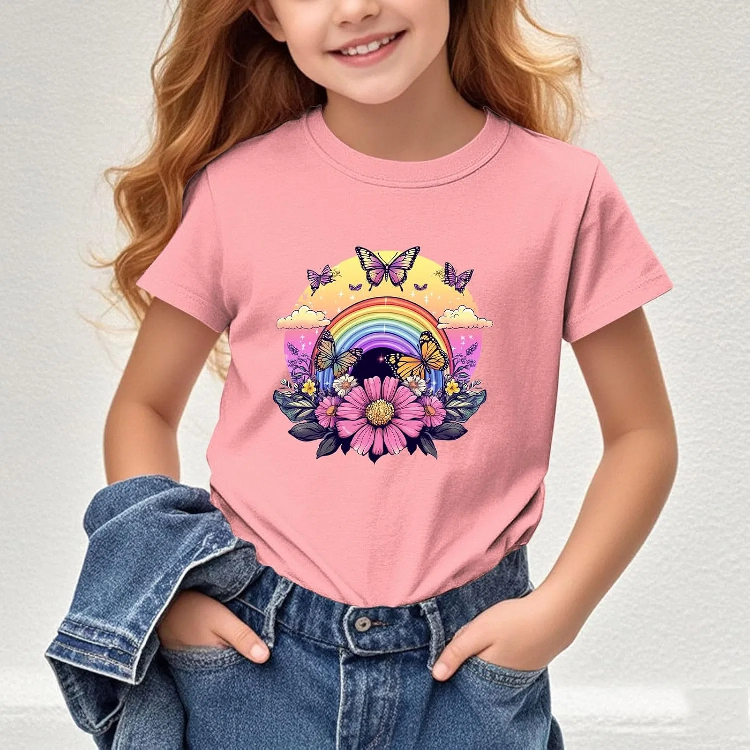 Футболка с коротким рукавом для девочек Rainbow Butterfly, Zzalalana, розовая — фото 3