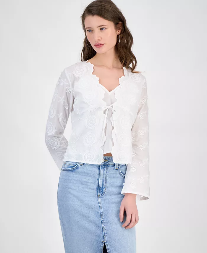

Женский топ с длинными рукавами, вышитый и завязывающийся спереди GUESS, белый