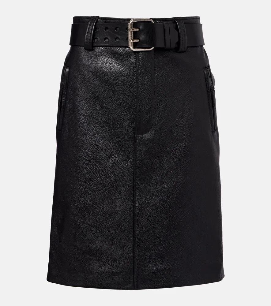 Кожаная юбка-карандаш с поясом Saint Laurent, черный
