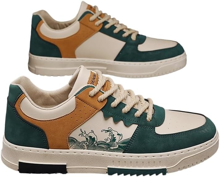 

Мужские ретро-кроссовки низкого типа, модные туфли с сочетанием цветов, на шнуровке, подходящие для улицы, кампуса, прогулок и города Minlaidian, зеленый/бежевый