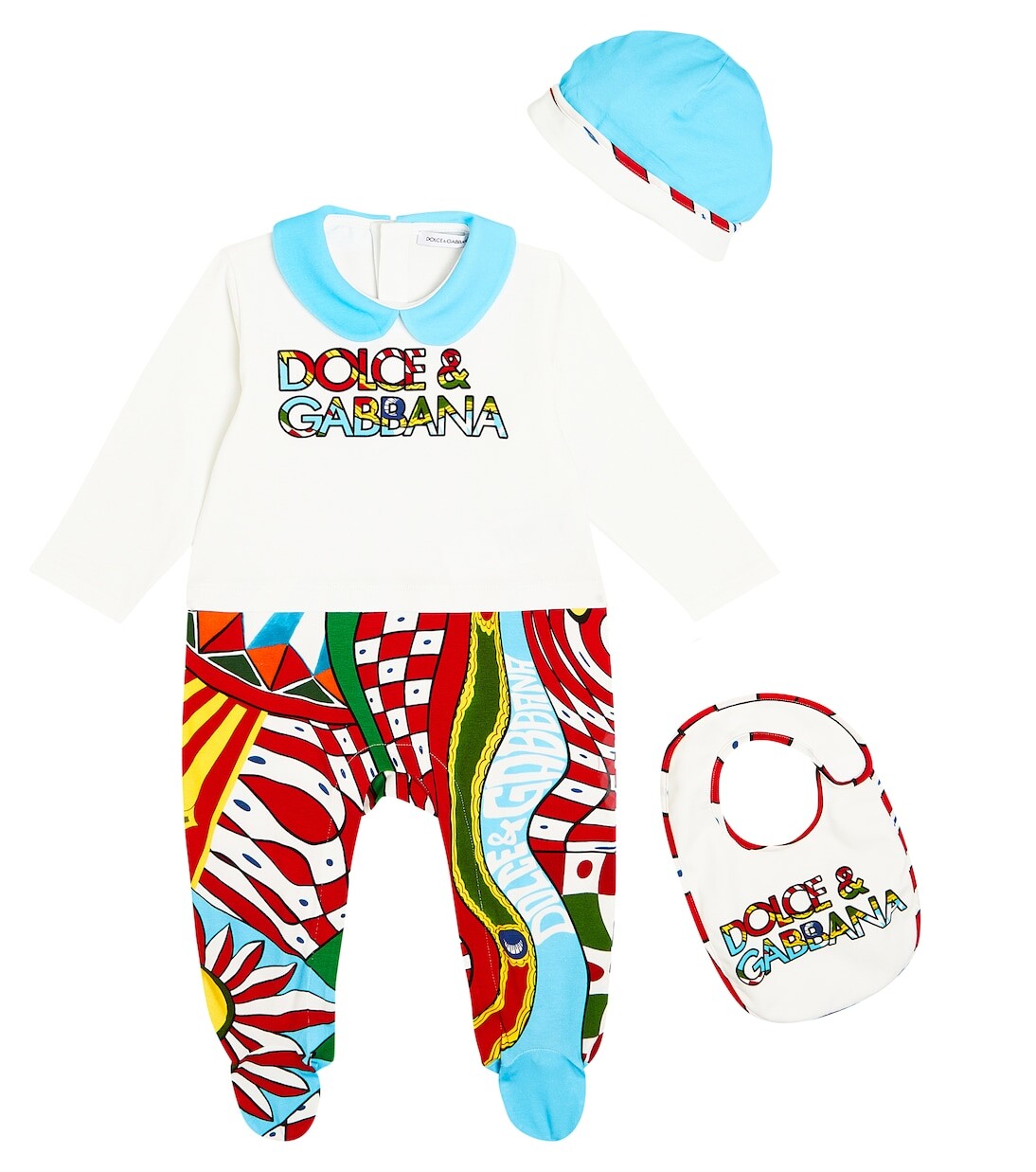 

Комплект из детского хлопкового комбинезона, нагрудника и шапочки Dolce&Gabbana, мультиколор