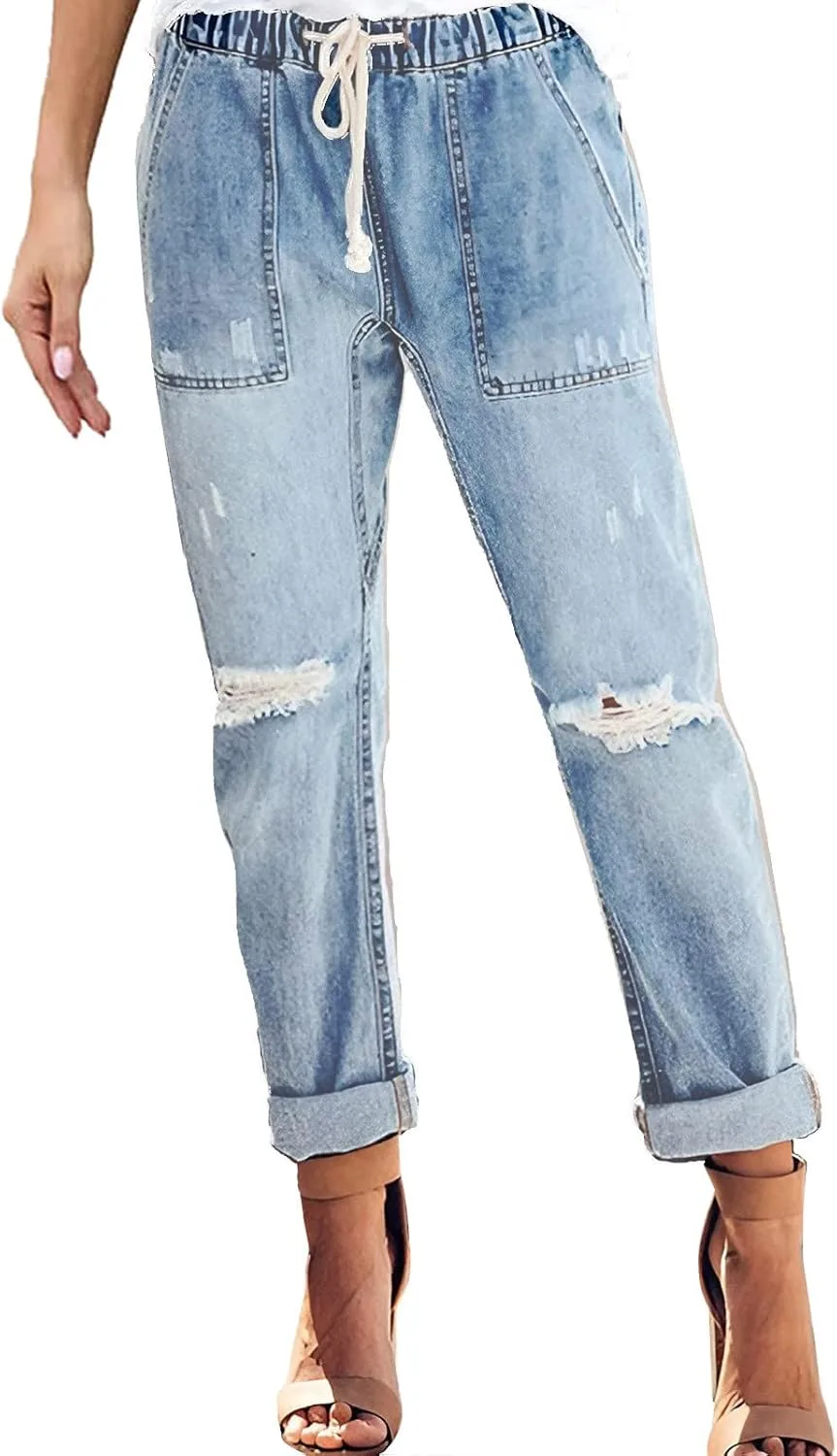 

Джинсы с кулиской для женщин, стрейч, потертые, в стиле бойфренд