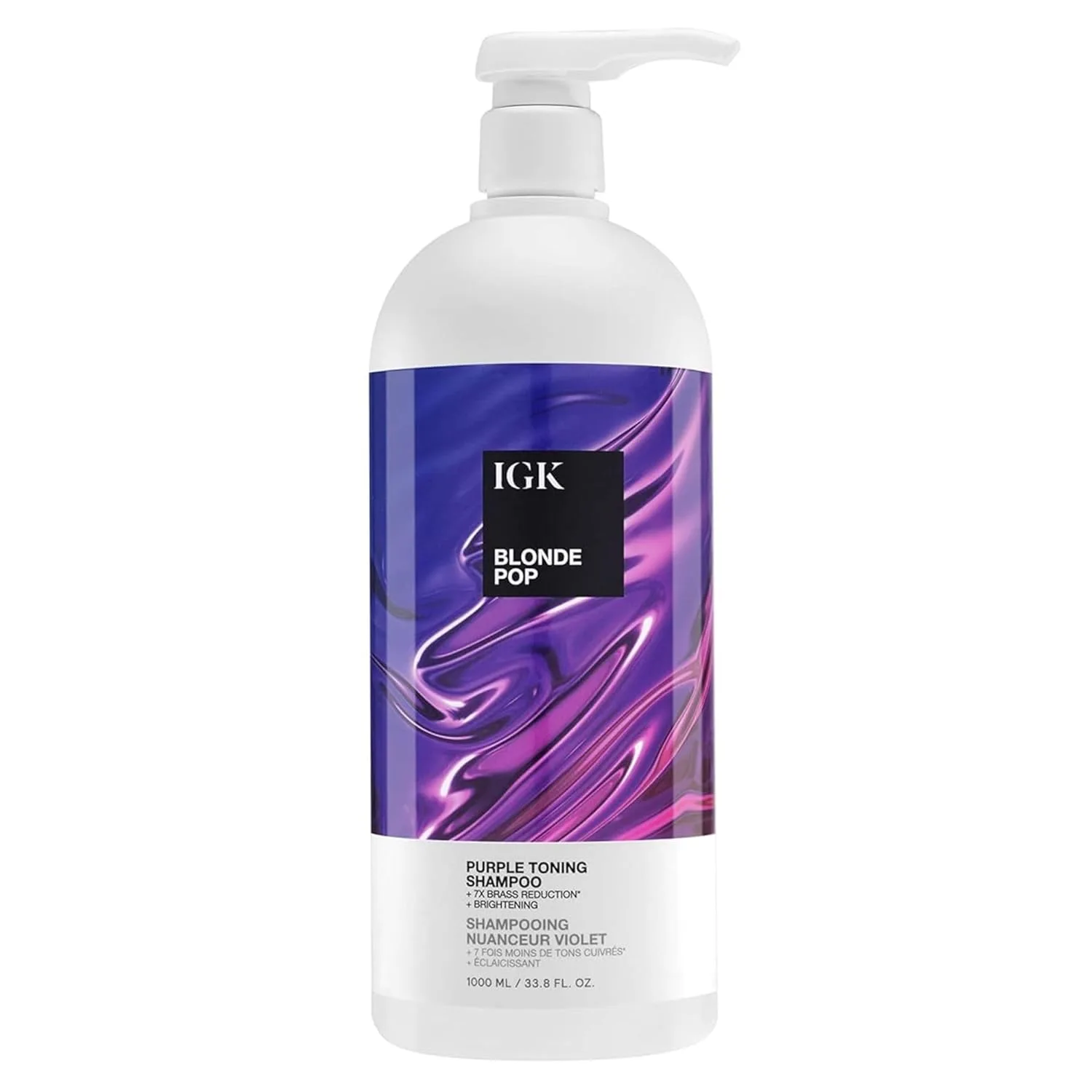 IGK BLONDE POP Purple Shampoo, нейтрализует желтизну и осветляет блонд, тонирующий шампунь для мелированных, обесцвеченных и окрашенных волос, веганский и cruelty free, 1000 мл 958.23 г (.), purple
