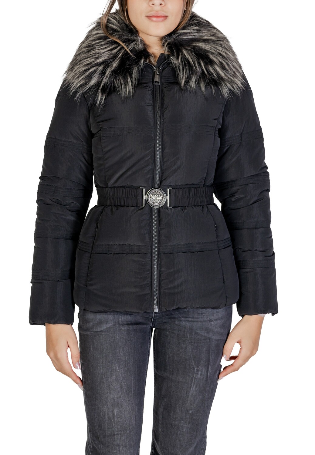 

Пуховик Guess короткий с мехом, черный