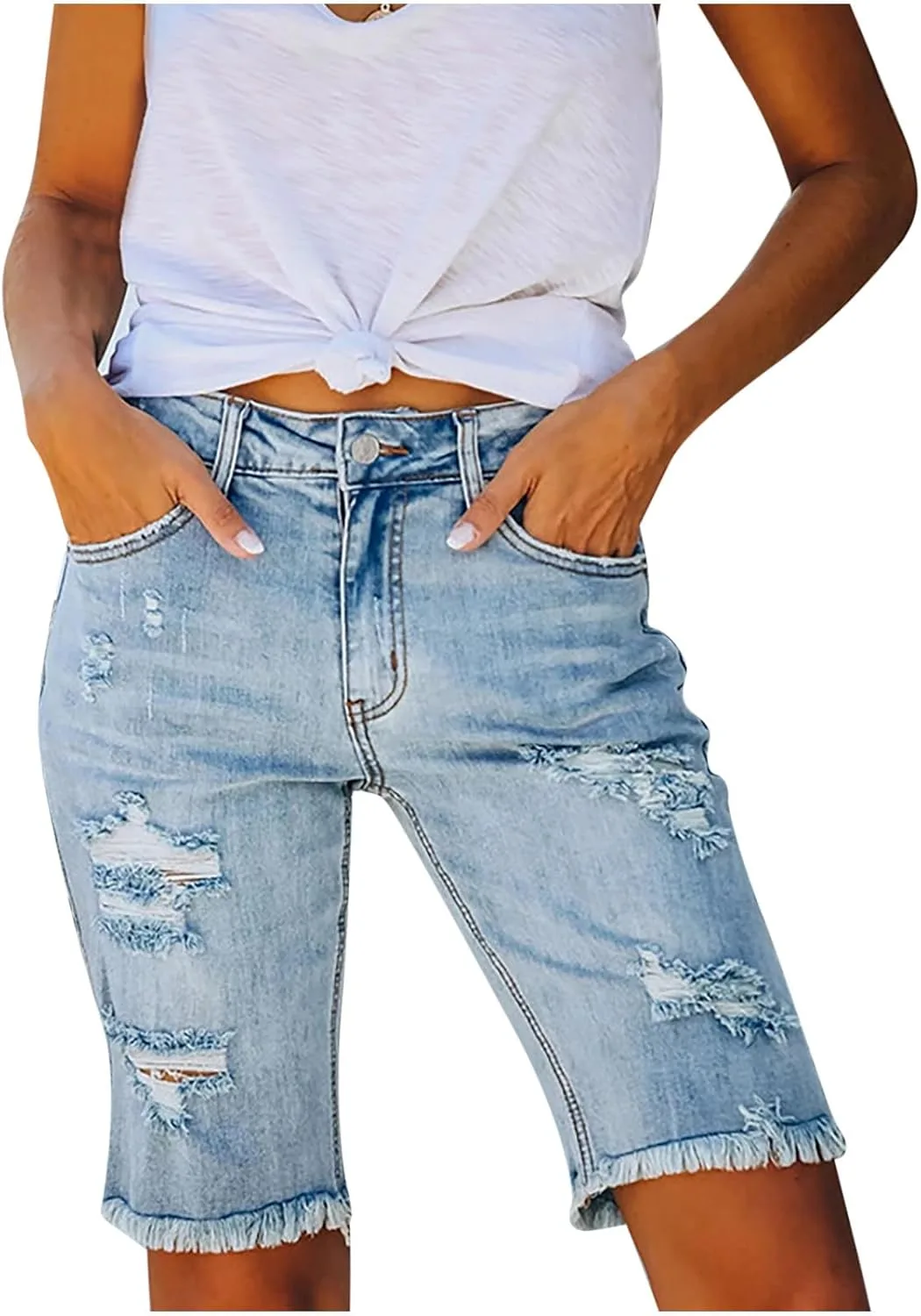 

Женские джинсы Mid-Rise с потертостями и рваным краем, прямые, с эффектом контроля живота