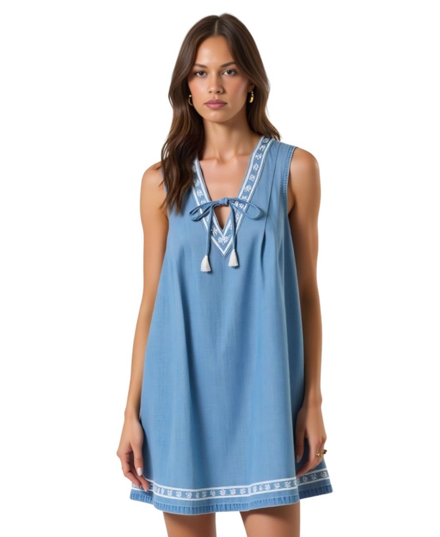 

Женское мини-платье без рукавов с вышитой отделкой и завязками спереди Modenaire, Blue