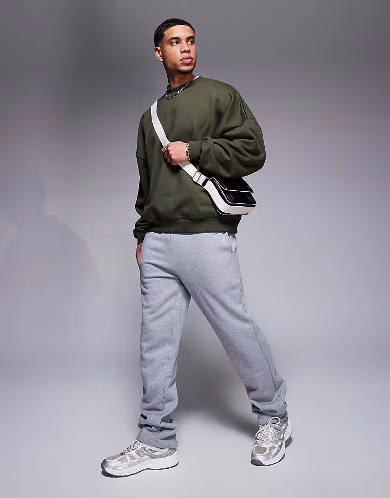 

Премиальные плотные прямые брюки из ткани плотностью 400 г/м² серого меланжевого цвета Asos Design