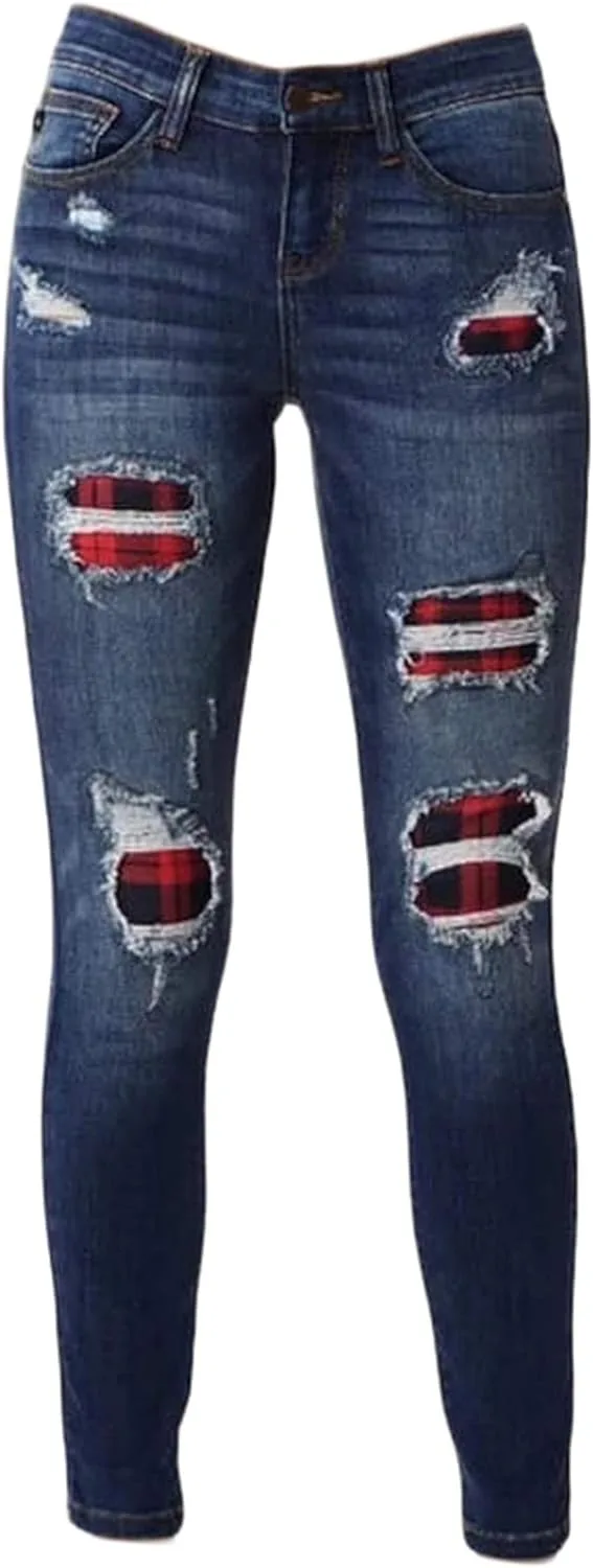 

Andongnywell женские джинсы с дырками, distressed, slim fit, stretchy, с рваными отверстиями и клетчатыми заплатками