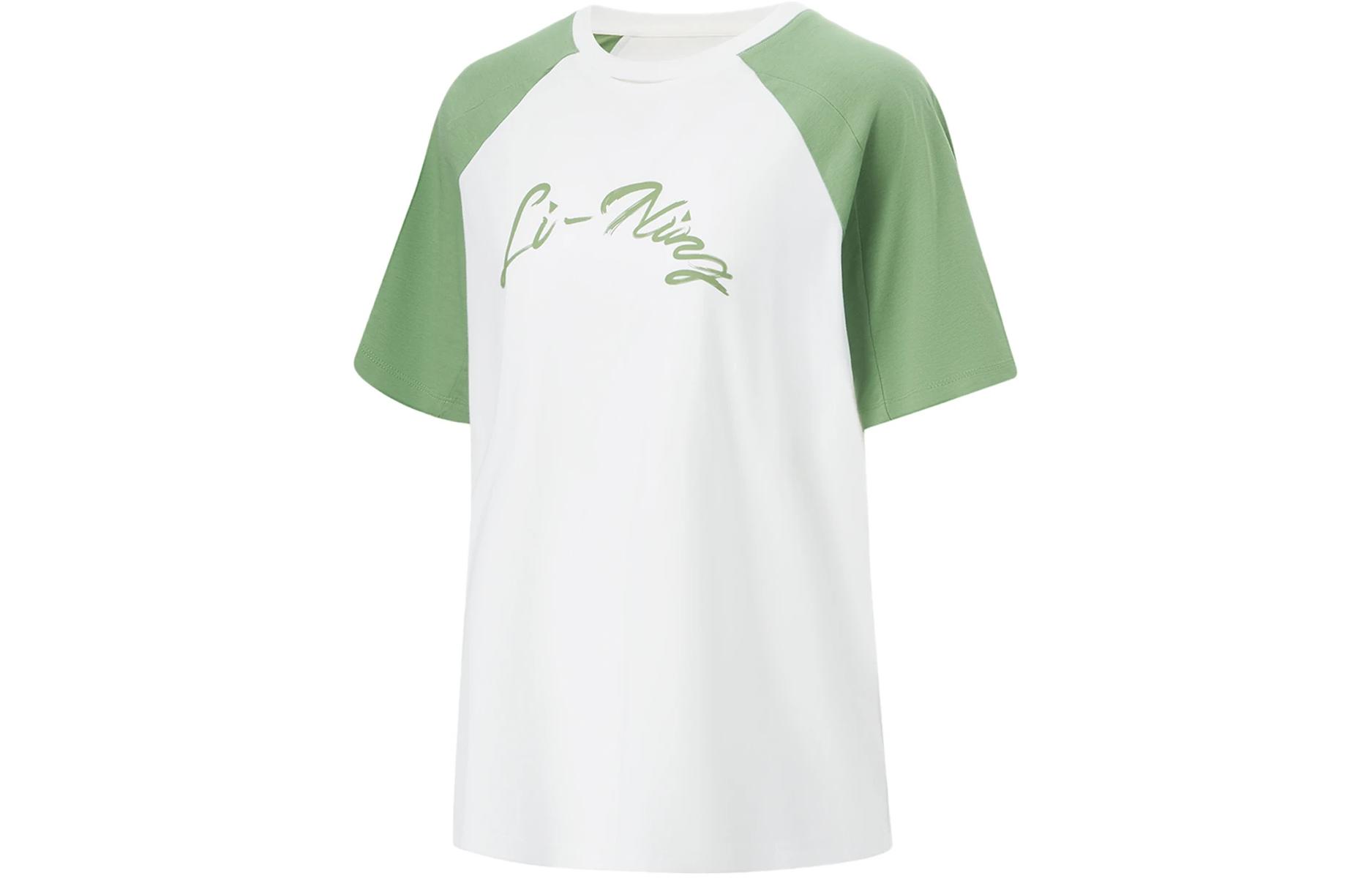 

LINING Фитнес серия футболка с регланными рукавами женская стандартная белая moss green, Белый, LINING Фитнес серия футболка с регланными рукавами женская стандартная белая moss green