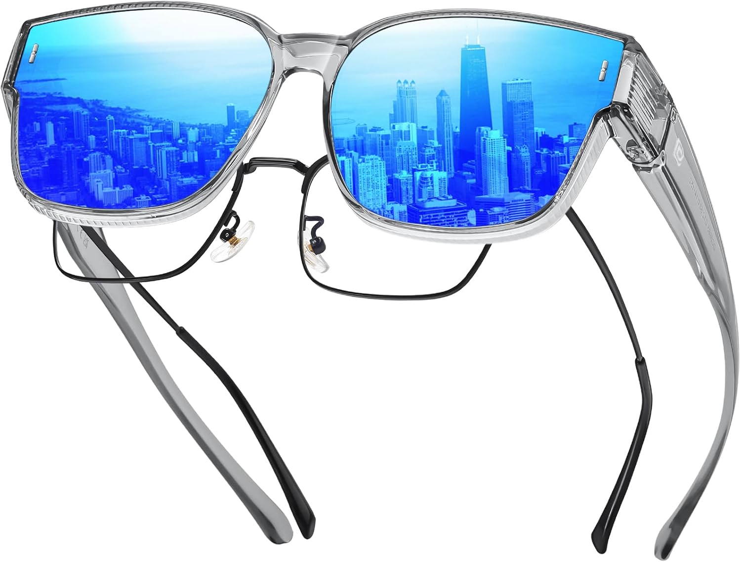 

Солнцезащитные очки DUCO Fit Over для мужчин и женщин, надеваемые поверх обычных очков, ретро-очки с обтекаемой формой, поляризованные, защита UV400, модель DC8981, B Clear Grey Frame Revo Blue Lens