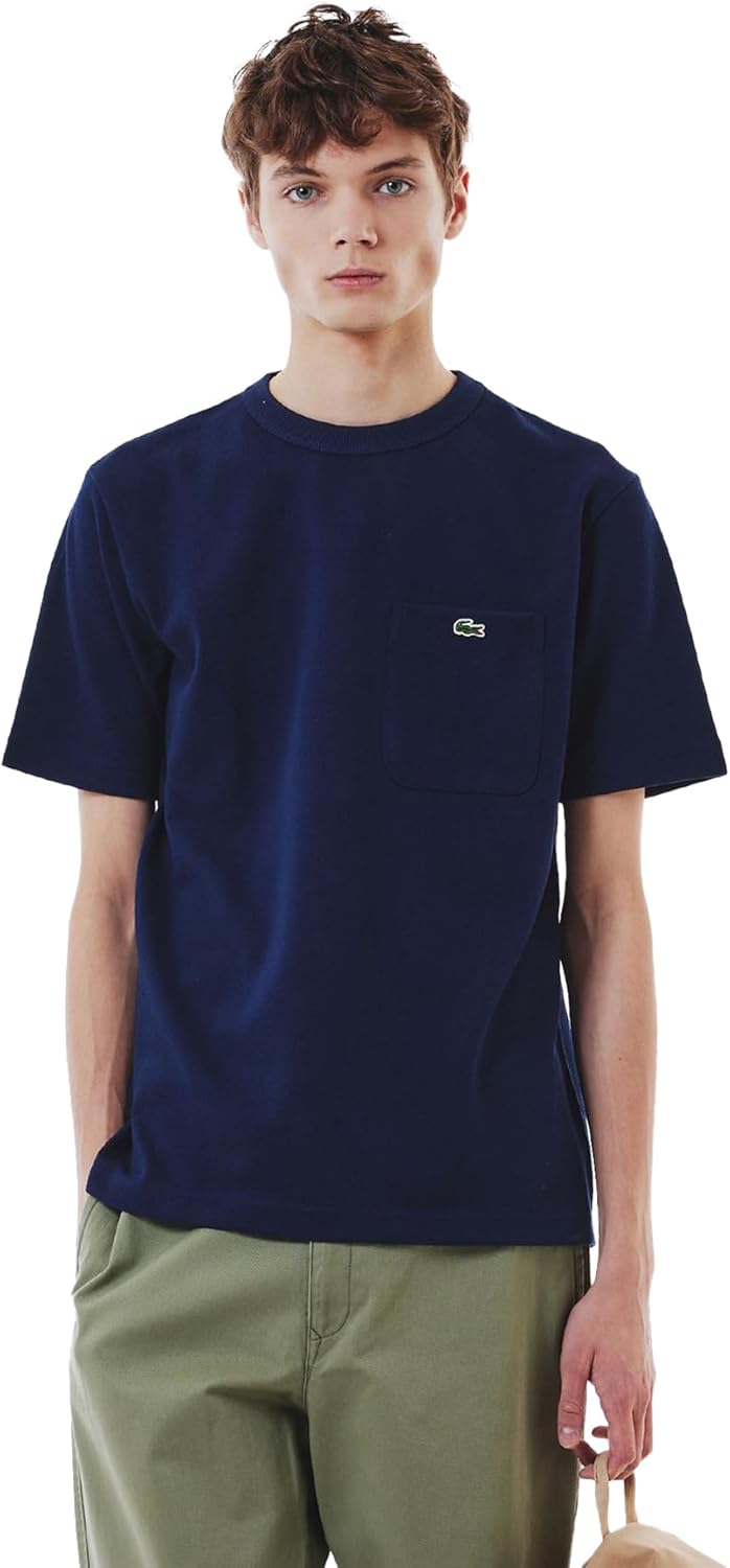 

Мужская хлопковая трикотажная футболка Lacoste с коротким рукавом и карманом, темно-синий