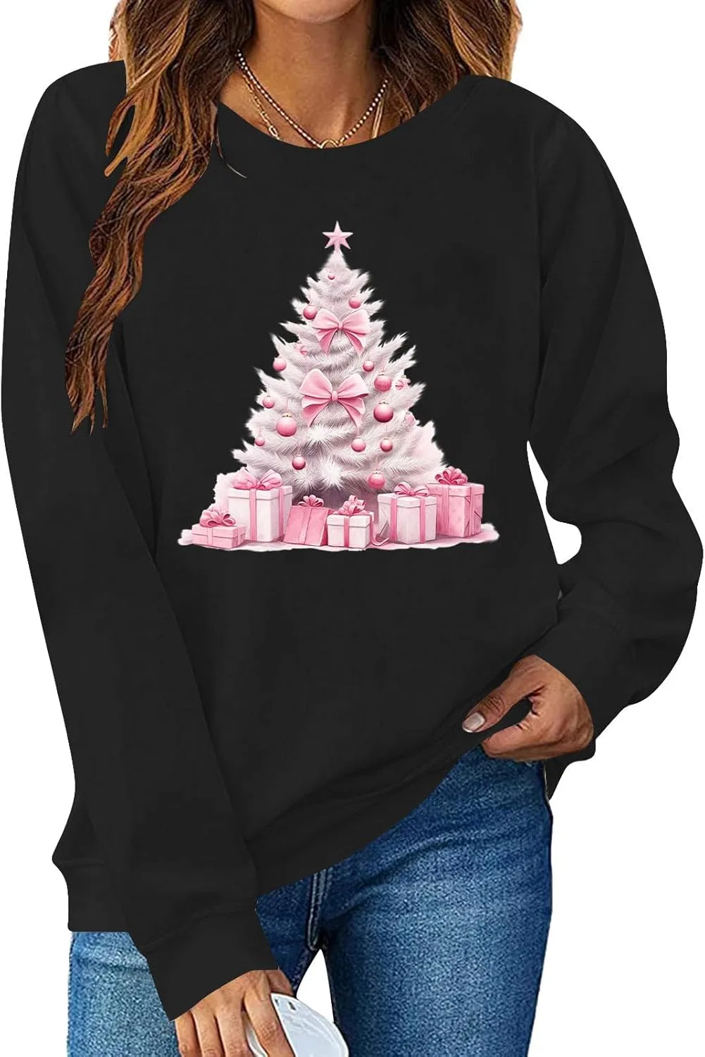 Generic Толстовка с круглым вырезом Ugly Christmas Sweater для женщин, смешная, plus size, с длинным рукавом, рождественская, цвета red wine, с принтом бокала, пуловер — фото 2