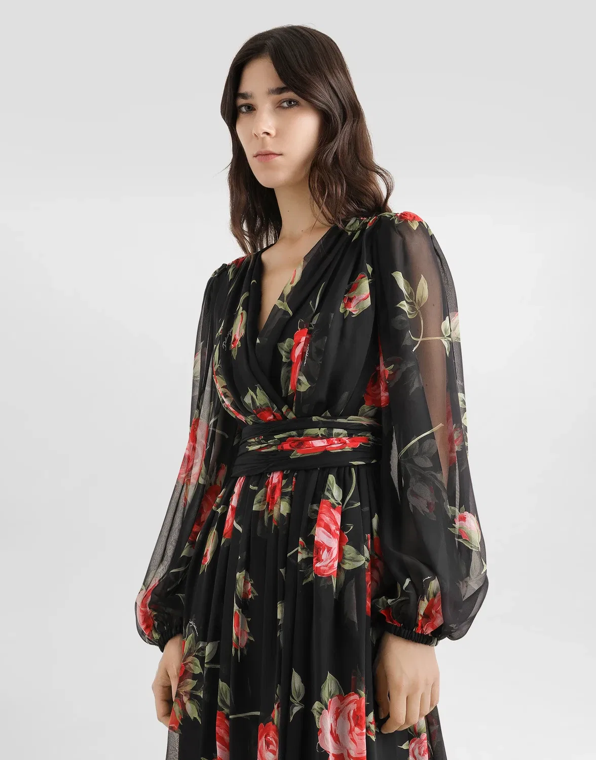 Длинное шифоновое платье с принтом "букет роз" DOLCE & GABBANA, мультицвет — фото 4
